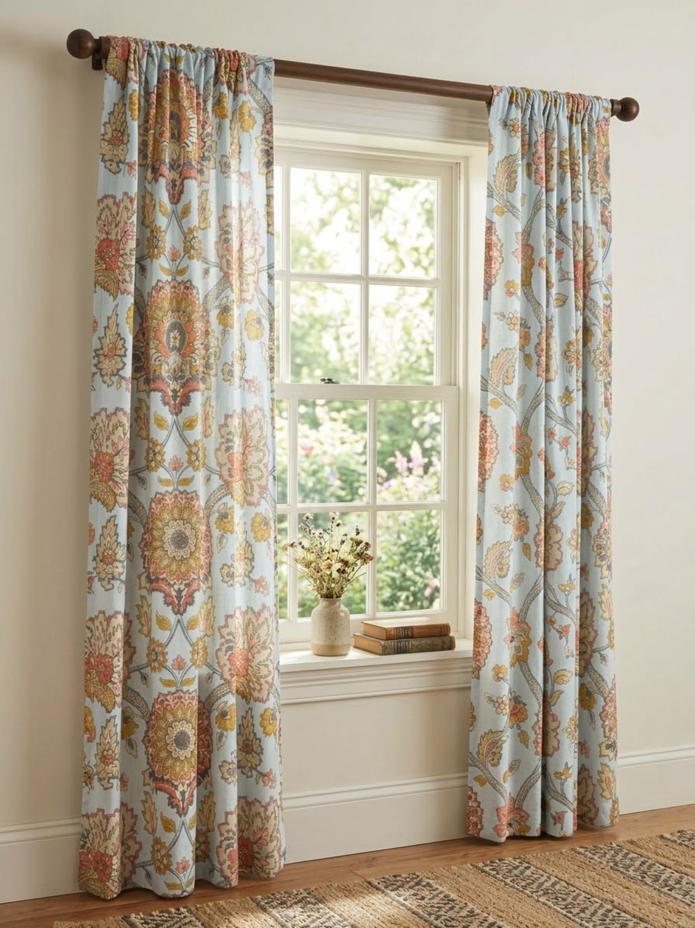 Waverly Jacobean Floral Curtain Panel Blue Coral set of 4